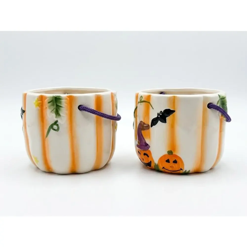 Set of 2 Royal Norfolk Halloween Ceramic Buckets Pots Candy Dishes Rope Handles
